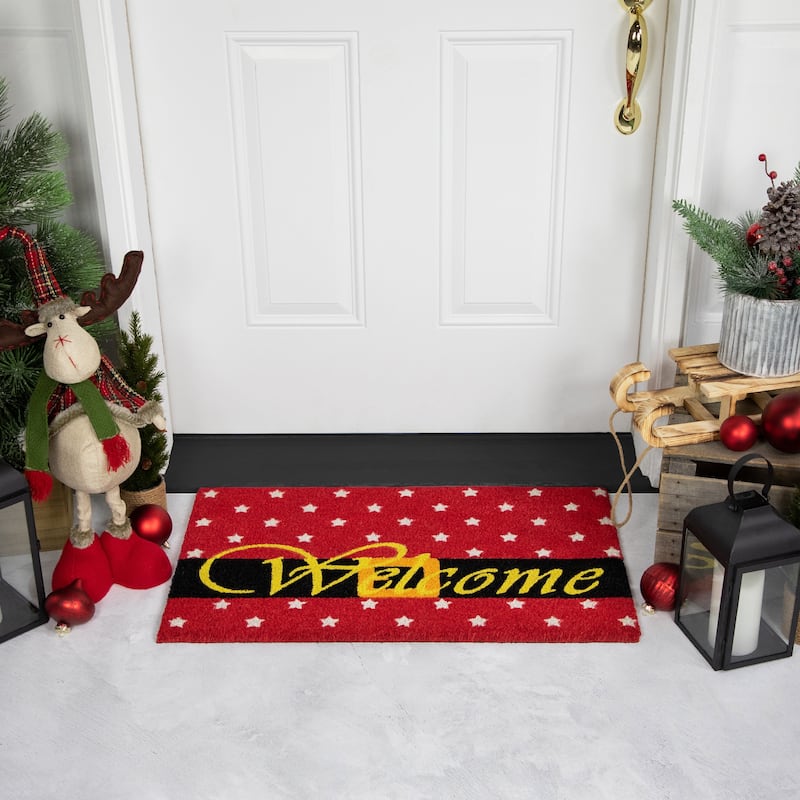 Red and Black Santa Suit Buckle "Welcome" Coir Christmas Outdoor Doormat 18" x 30" - 18" x 30"