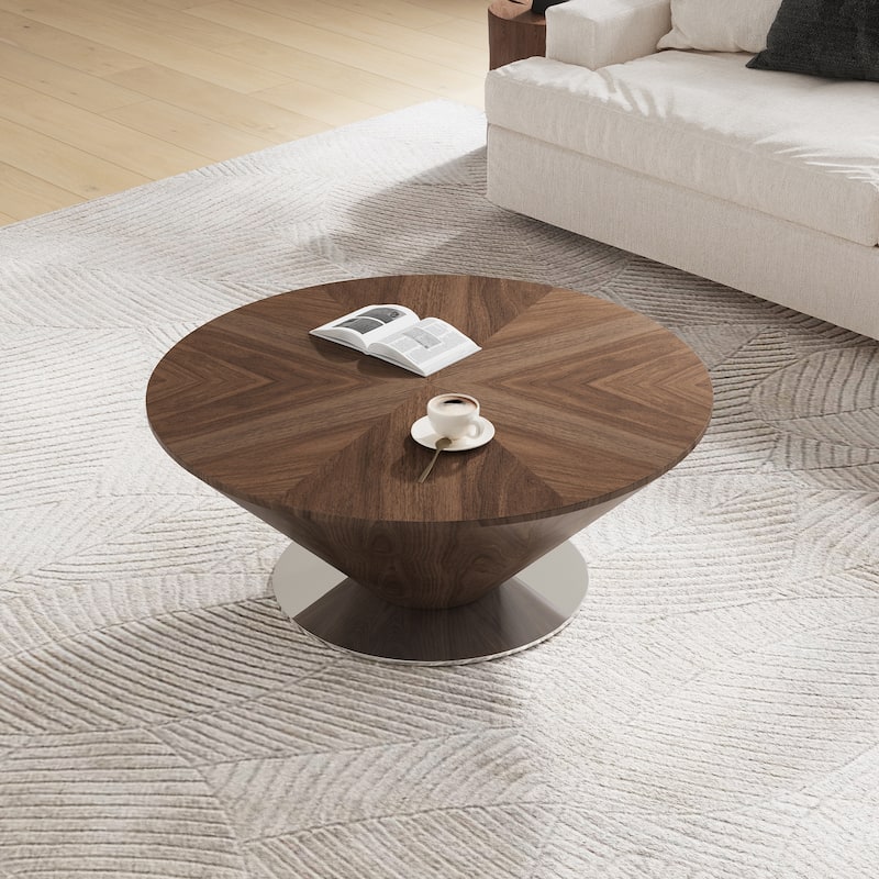 33.46" Mid Century Round Coffee Table,Brown Solid Wood Veneer Table top