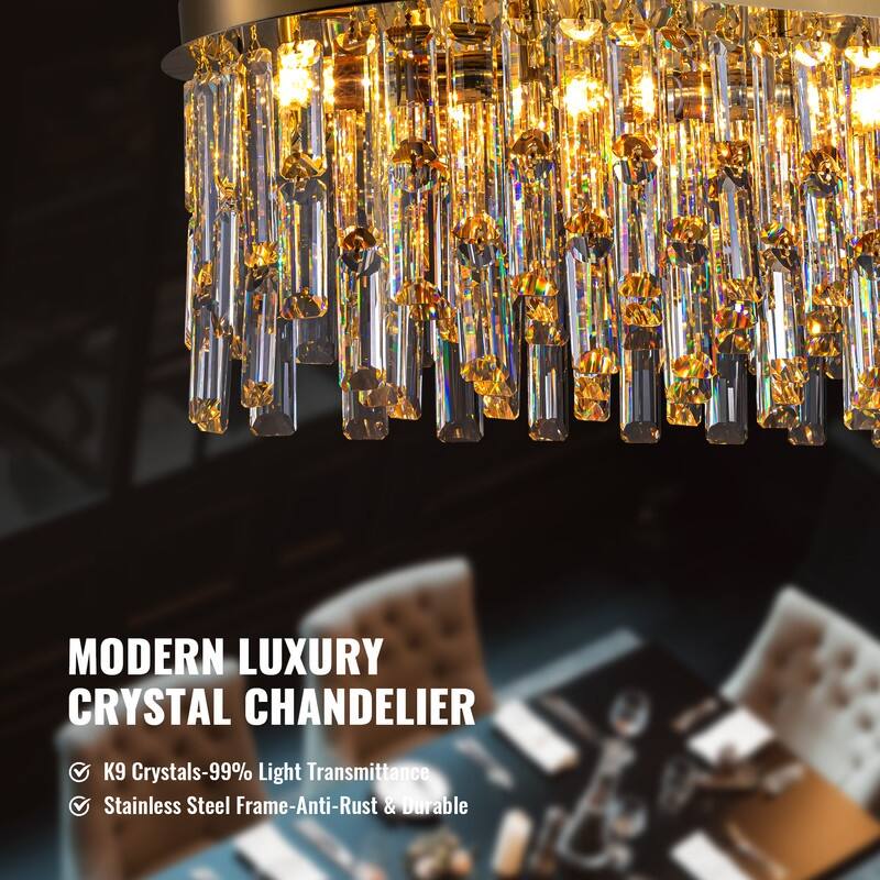 39.3 in. Brass Modern Luxury Crystal Chandelier Rectangular Flush Mount Ceiling Light for Dining Room Living Room