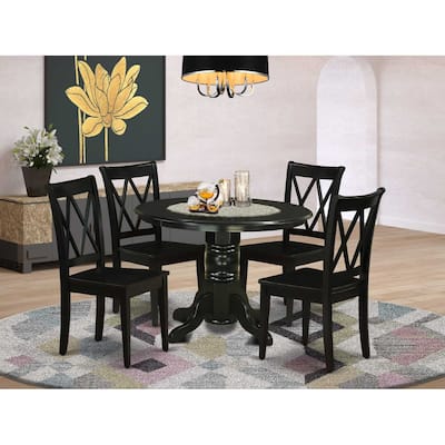 HomeStock 5-Piece Round Black Finish Solid Wood Top Dining table with 4-Chairs with Lattice Back