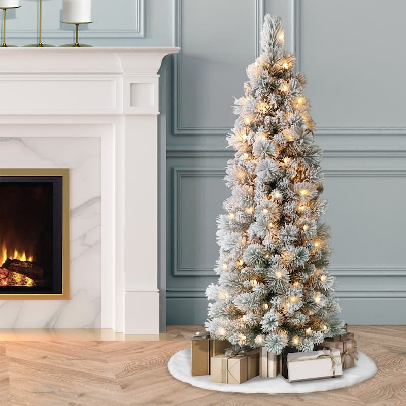 Puleo International 4.5' Pre-Lit Flocked Portland Pine Pencil Artificial Christmas Tree - 4.5 Foot - Green