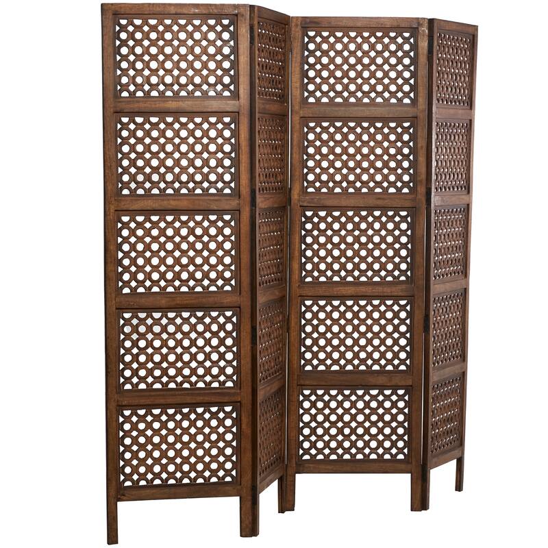 Brown Wooden Handmade Hinged Foldable Partition 4 Panel Floral Partition Room Divider Screen with Intricately Carved Designs