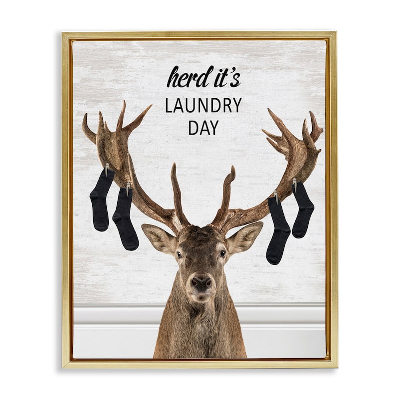 Stupell Laundry Elk with Hanging Socks Framed Floater Canvas Wall Art Design By Lettered and Lined - 17 x 21 - Gold