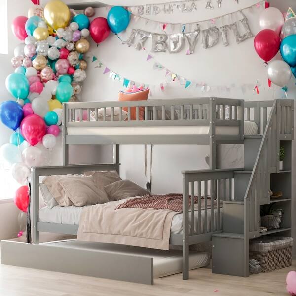 slide 2 of 26, Twin over Full Bunk Bed with Trundle and Staircase,Extremely Popular,Space Saving,Storage Space,Safety for Kids,Easy Assembly Silver
