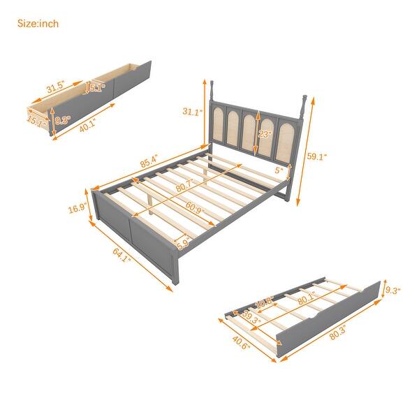 Queen Size Rattan Platform Bed with 2 Drawers, Wooden Bed with Twin Trundle, Space-saving Bed with Rattan Headboard, Grey