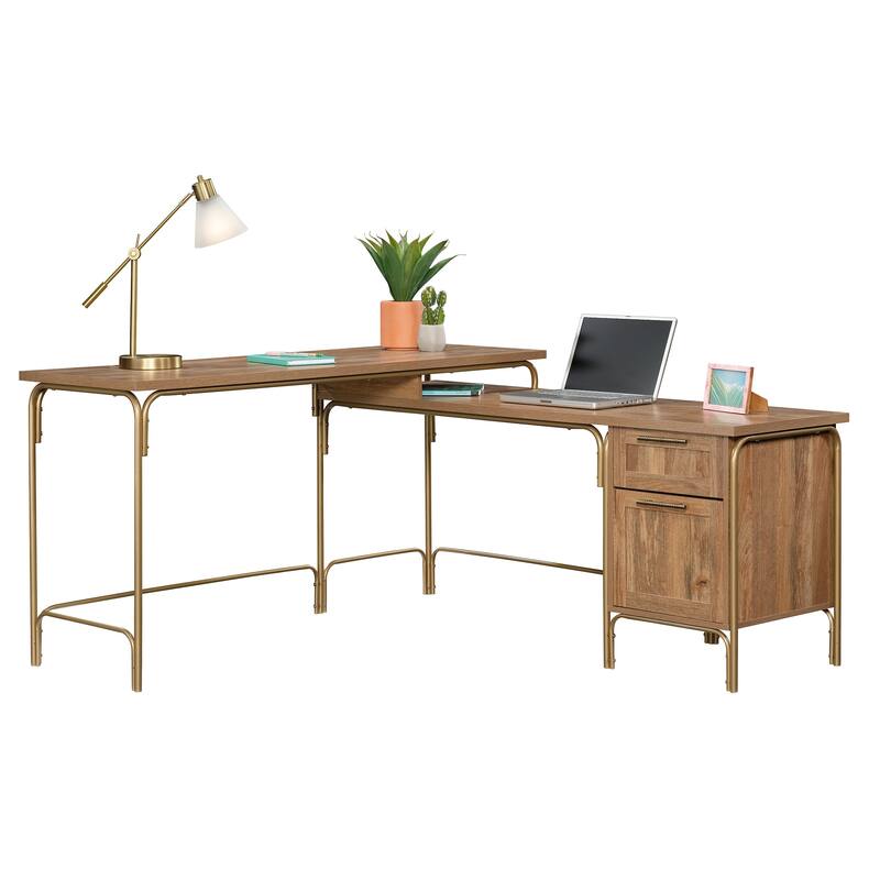 Wood L-Shaped Desk with Coastal-Inspired Design, Brown and Gold