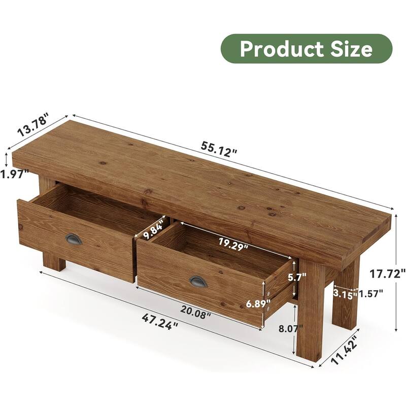Farmhouse 55" Solid Wood Bench with 2 Drawers for Hallway, Mudroom, Bedroom