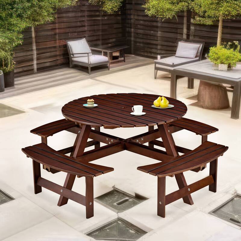 8-Person Outdoor Round Picnic Table Set with 4 Built-in Benches & Umbrella Hole