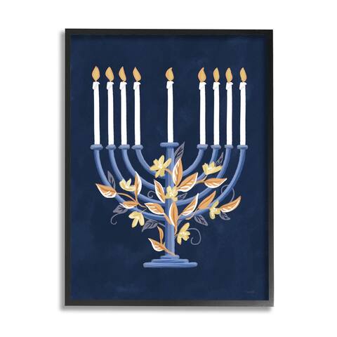 Stupell Industries Traditional Floral Hanukkah Menorah Framed Giclee Art by House Fenway