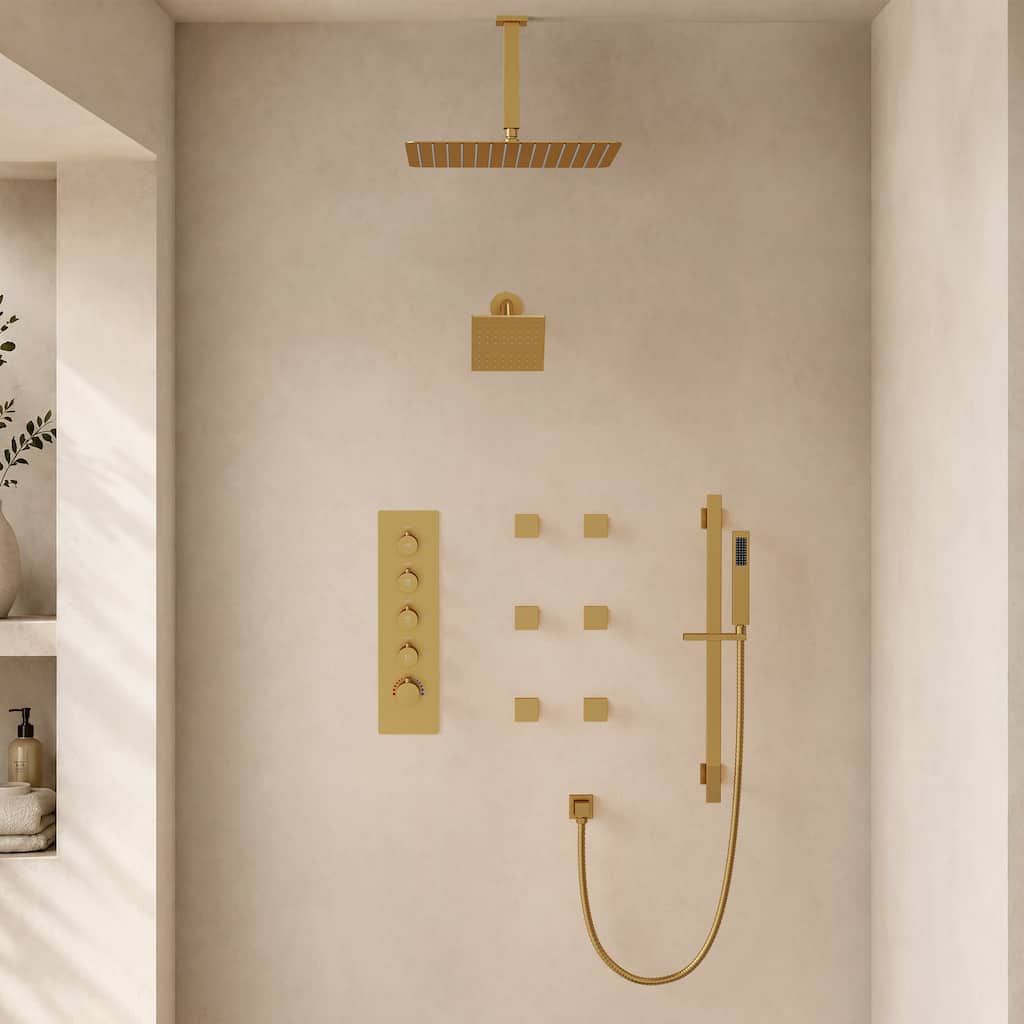 Thermostatic Rainfall Shower System with Handheld Spray, 16" & 6" Dual Shower Head and 6 Body Jets