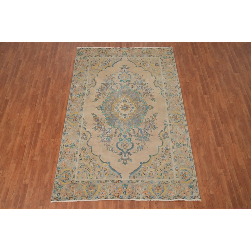 Hand Knotted Oriental 100% Wool Carpet Traditional Floral Beige & Ivories Tabriz Area Rug - 9' 10'' X 6' 6''