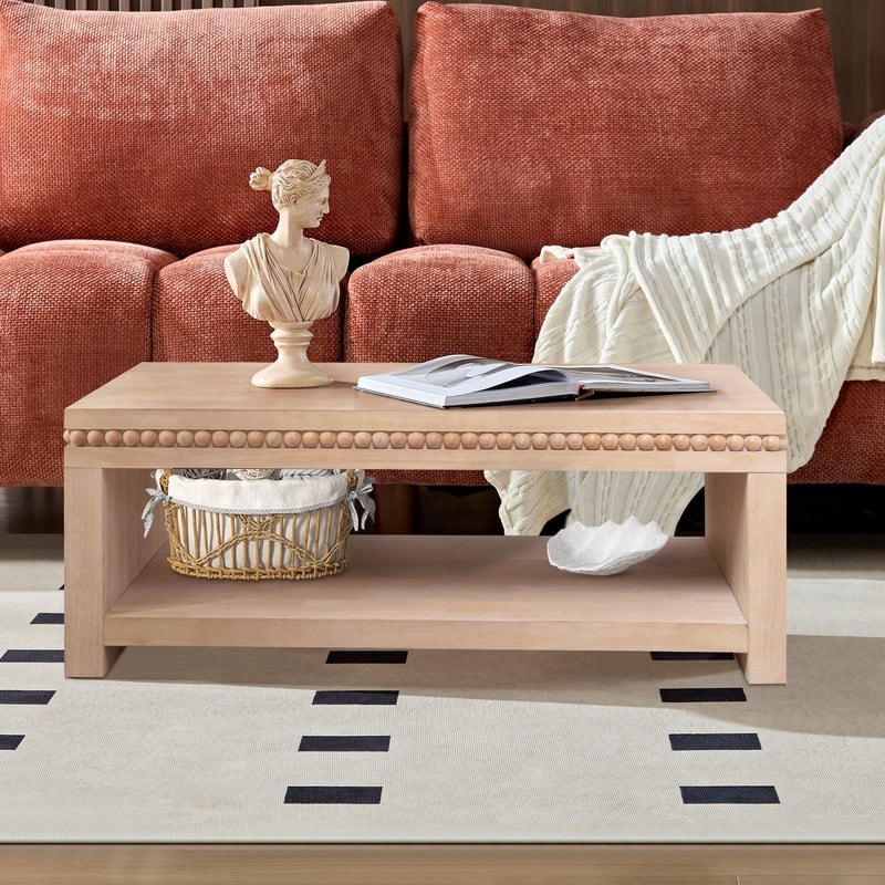 Modern Wood Coffee Table with Beaded Trim and Open Storage Shelf for Stylish Living Room Decor - Natural