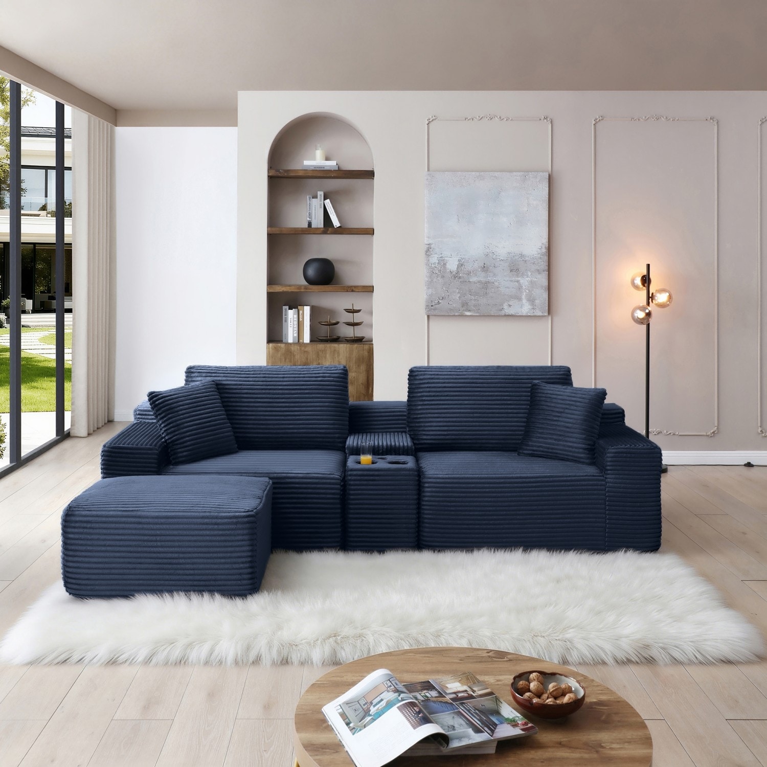 Modular Deep Seat Corduroy Cloud Couch Sectional Sofa with Cup Holders, USB Ports & Storage Box