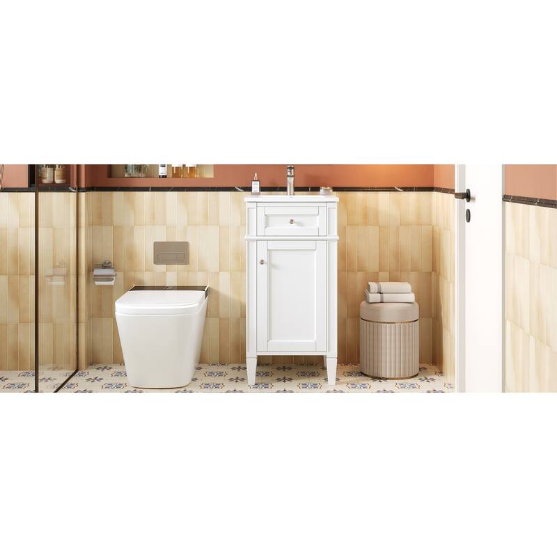 16" Bathroom Vanity with Ceramic Sink, Freestanding Single Vanity Set with Soft Closing Door, Adjustable Shelf, French Style