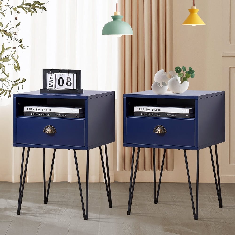 Javlergo Set of 2 Nightstand with Open Compartment & Drawer V-Shaped Metal Legs for Bedroom Living Room