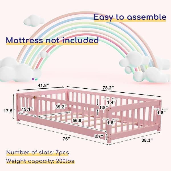 dimension image slide 0 of 10, Twin/Full/Queen Size Floor Bed with Safety Guardrails, Toddler Floor Bed for Girls and Boys