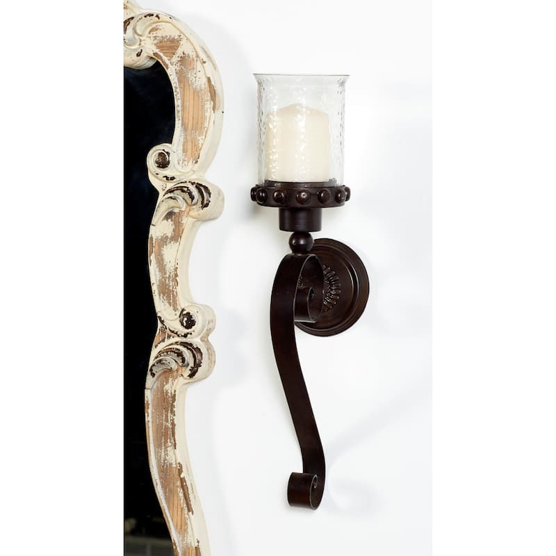 Metal Scroll Studded Pillar Wall Sconce - Brown - Roche River Decor - 5"W x 6"L x 20"H