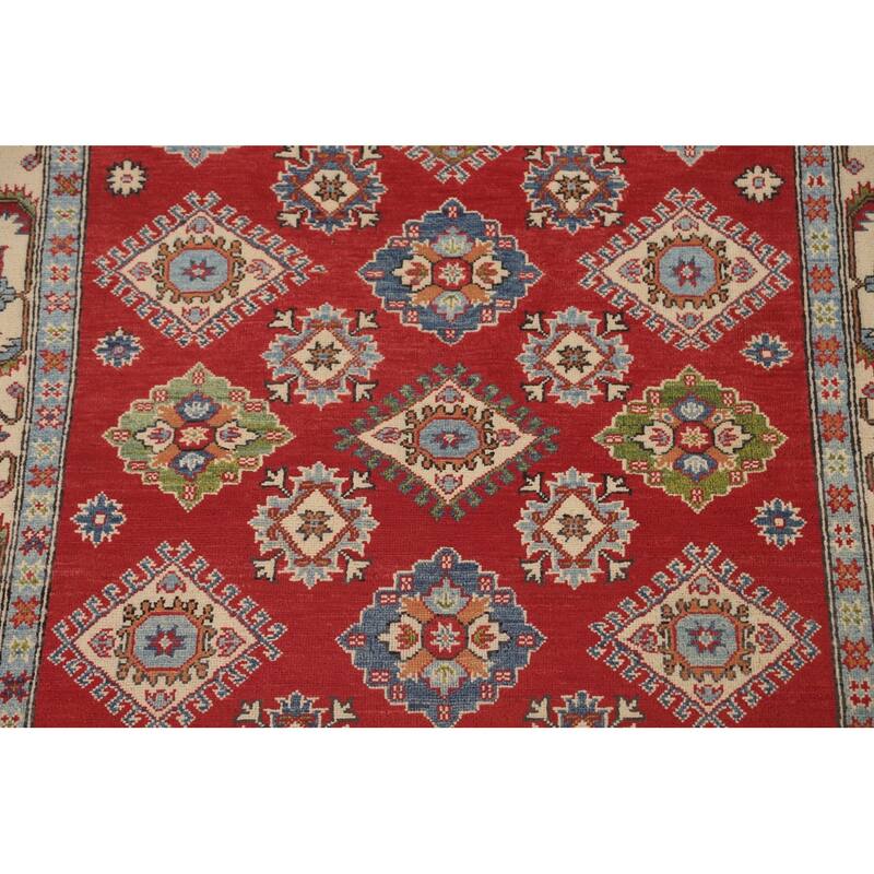 Red Geometric Kazak Area Rug Handmade Wool Carpet - 5'2" x 6'8"