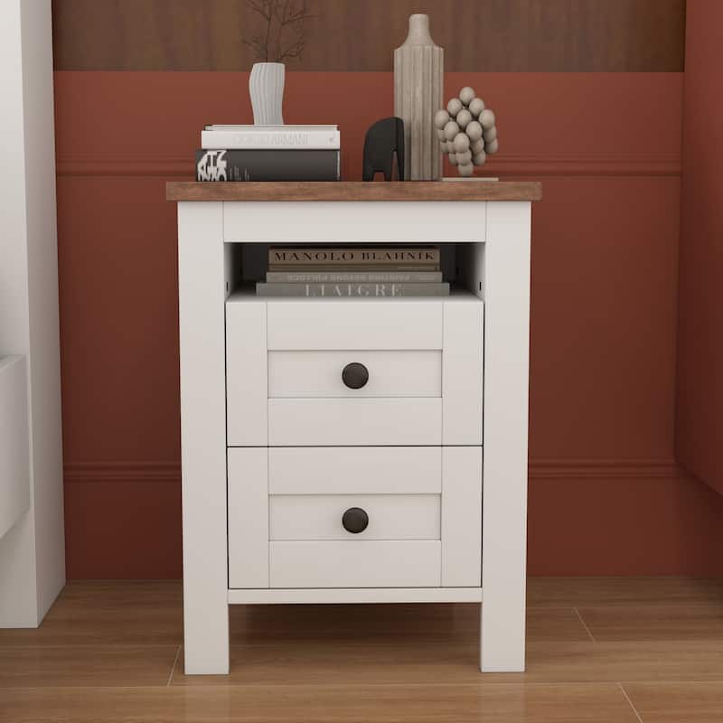 Farmhouse Wooden Nightstand - White Brown