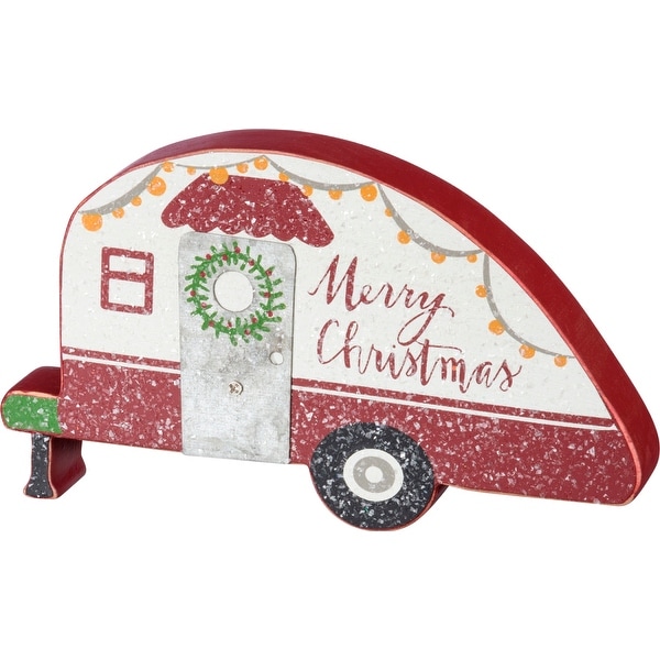 Merry Christmas Red and White Camper Shaped Shelf Sitter Painted Wood