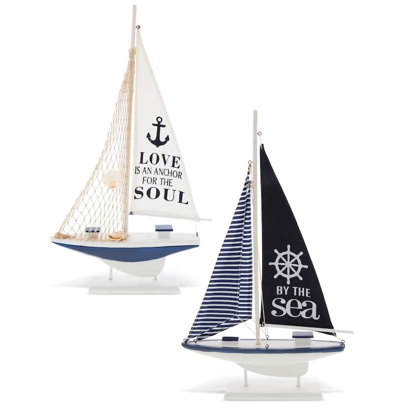 CoTa Global Ocean Blue Sailboat Decor Set of 2 - Handmade Wooden Boat - 22.4 Inch
