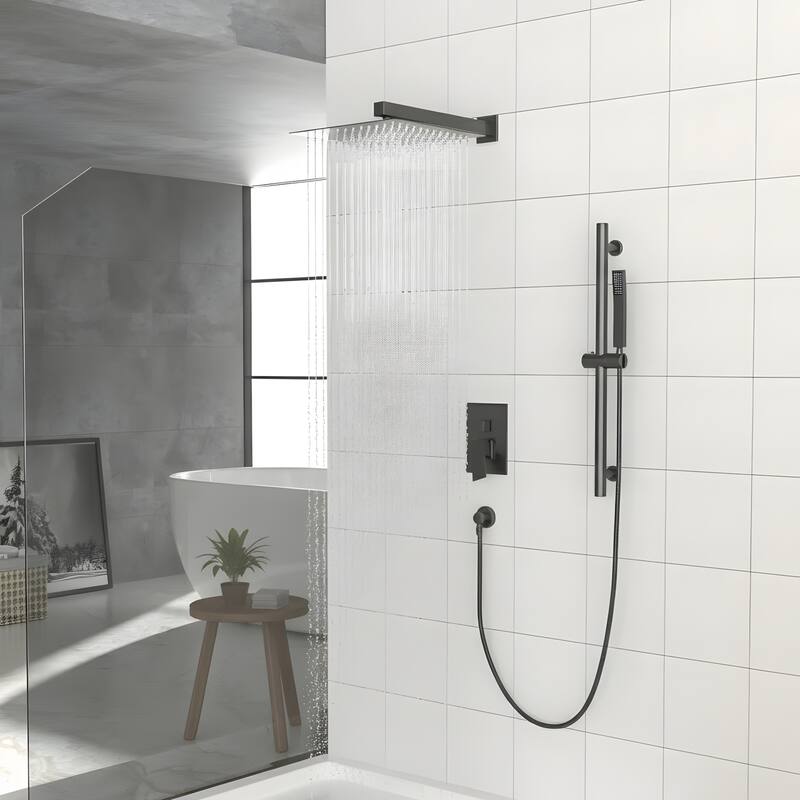 Wall Mounted Square Shower System and Handheld Showerhead Set - 10" - Matte Black