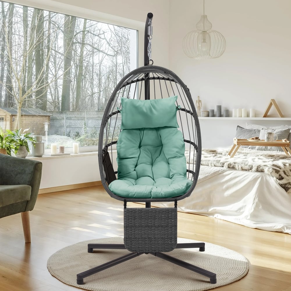 EROMMY Hanging Egg Chair with Stand, Foldable Indoor/Outdoor Swing Chair includes Cushion and Pillow, Patio Wicker Swing