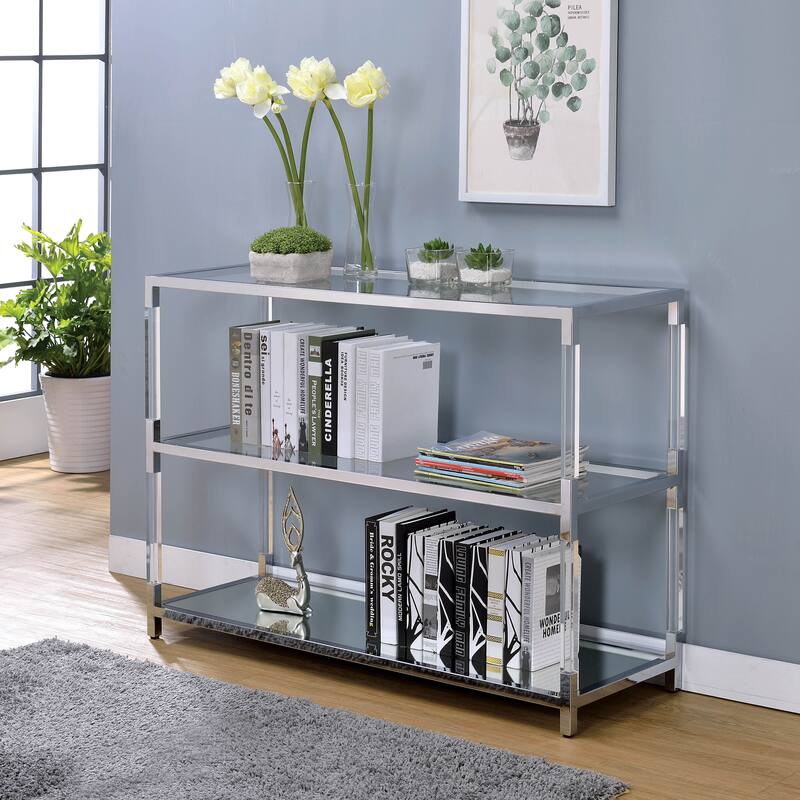 Fald Contemporary Chrome 48-inch Glass 2-Shelf Sofa Table by Furniture of America - Chrome
