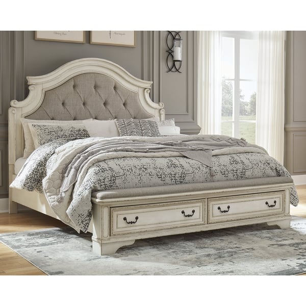 slide 2 of 8, Signature Design by Ashley Realyn Chipped White Upholstered Bed with Storage