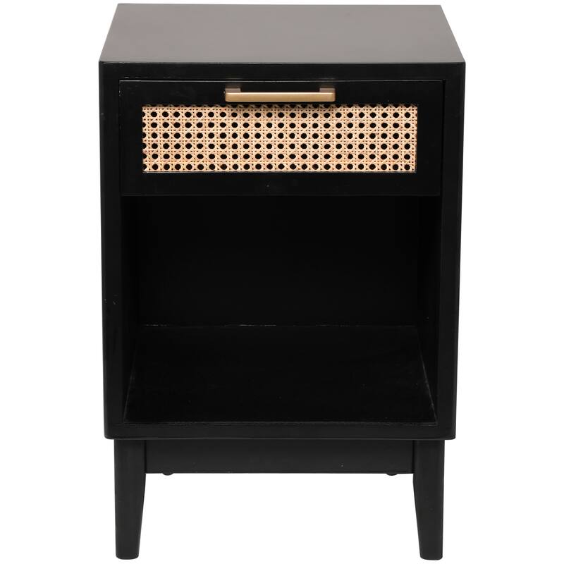 Wood 1 Drawer and 1 Cubby Shelf Accent Table with Beige Rattan Drawer and Gold Handle - Light Brown or Black - Roche River Decor