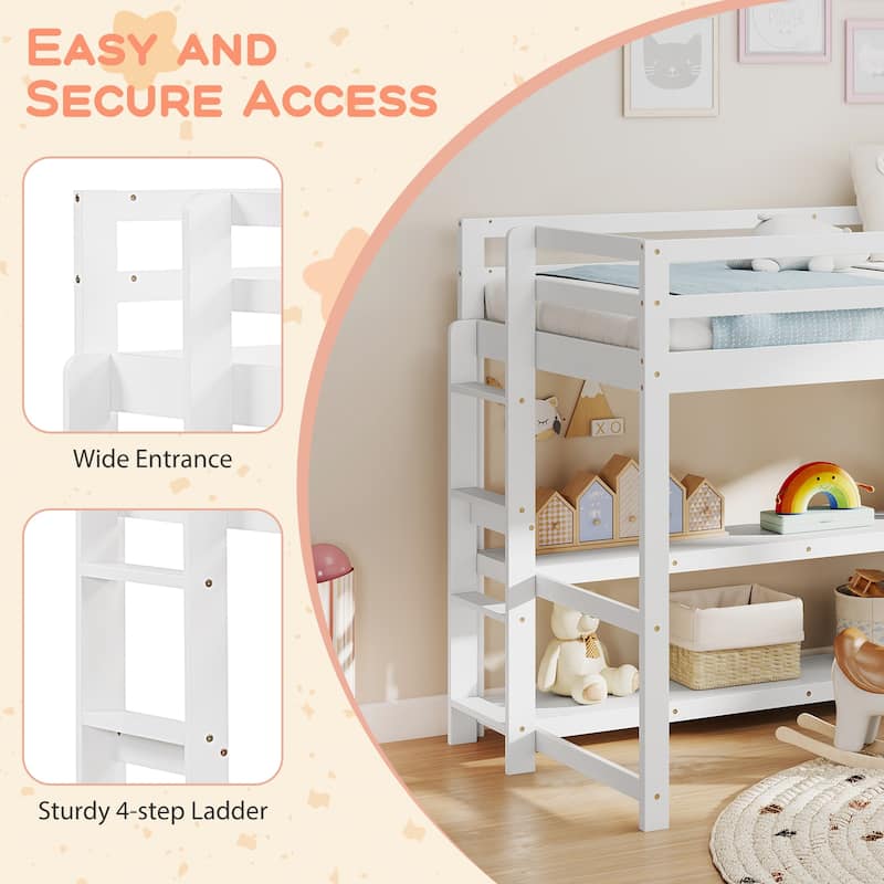 White Wood Frame Twin Loft Bed with Storage Shelves and Ladder Guardrails for Kids Room