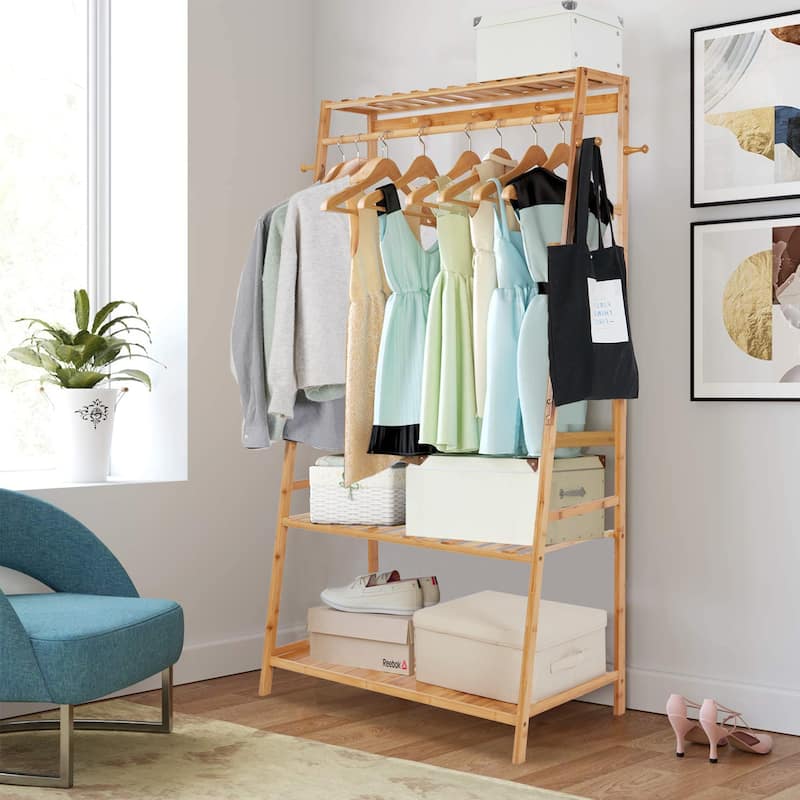 Bamboo Garment Rack 3 Tier Storage Shelves with Hanging Hooks - Natural Wood