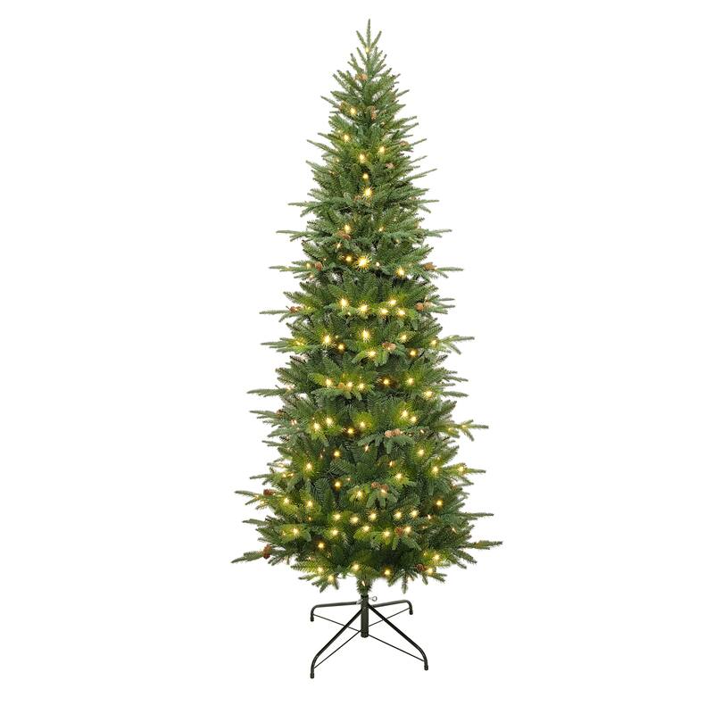 7.5Ft Pre-Lit Hinged Green Slender Artificial Christmas Tree with Pinecones - 90" H x 38" Diameter