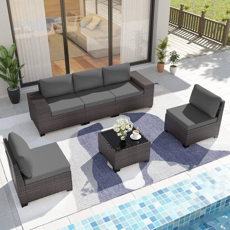 Delnavik Patio Furniture Set Sofa 6-Piece Wicker Sectional Sofa Set, Outdoor Furniture Rattan Patio Sofa Conversation Set - Grey