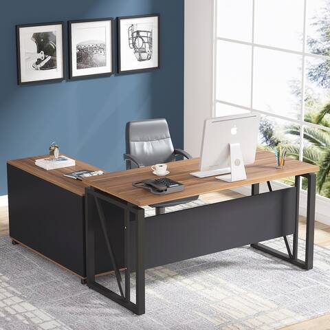 L-Shaped Computer Desk, 55 inches Executive Desk with Darwers File Cabinet