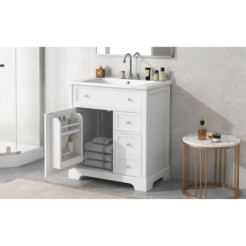 Roomfitters 30" Bathroom Vanity with Sink, Solid Poplar Wood Frame, 2 Drawers & Door with Storage Shelf, White