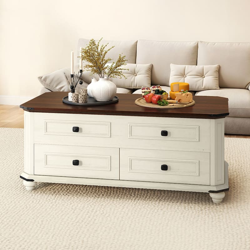 Moasis Farmhouse Lift Top Coffee Table w/2 Drawers Hidden Compartment and Storage, Square/Rectangular - Off White