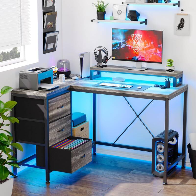 L Shaped Desk with Power Outlets & LED Lights