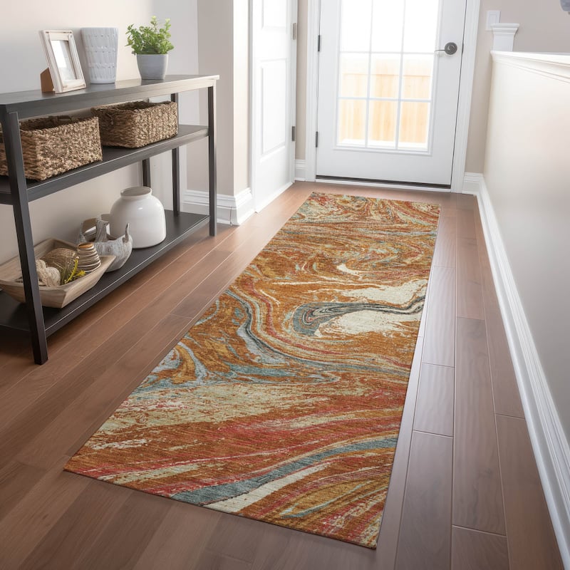 Machine Washable Indoor/ Outdoor Abstract Brushstroke Chantille Rug - Paprika - 2'3" x 7'6"