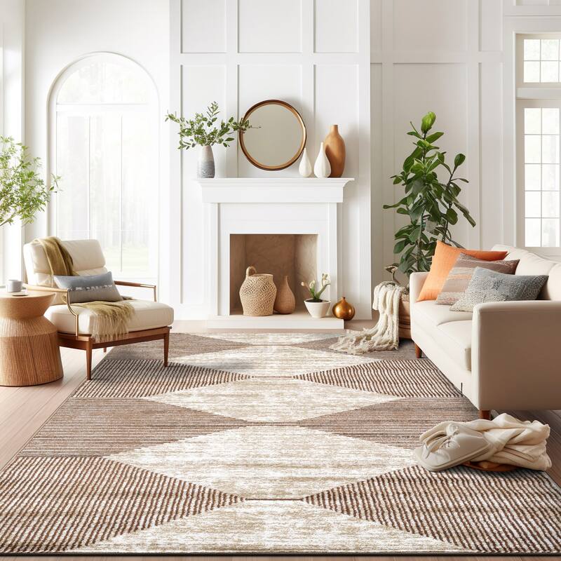 Beige Brown Geometric Stripe Stylish and Durable Area Rug