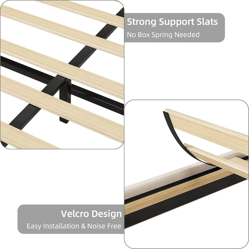 Upholstered Bed Frame with Storage Headboard, LED Lights, Charging Station & Wood Slats, Easy Assembly