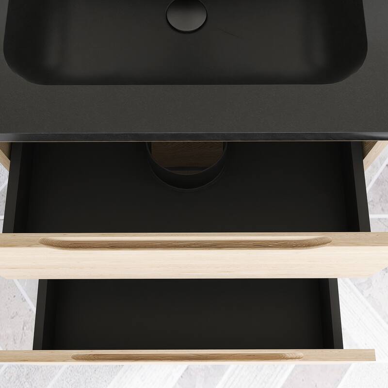Floating Bathroom Vanity in Evita Oak with Integrated Quartz Sand Top