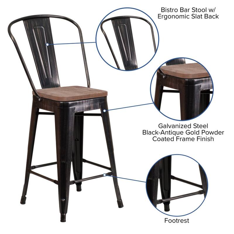 4 Pack 24" High Metal Counter Height Stool with Back and Wood Seat - 17.75"W x 20"D x 39.25"H