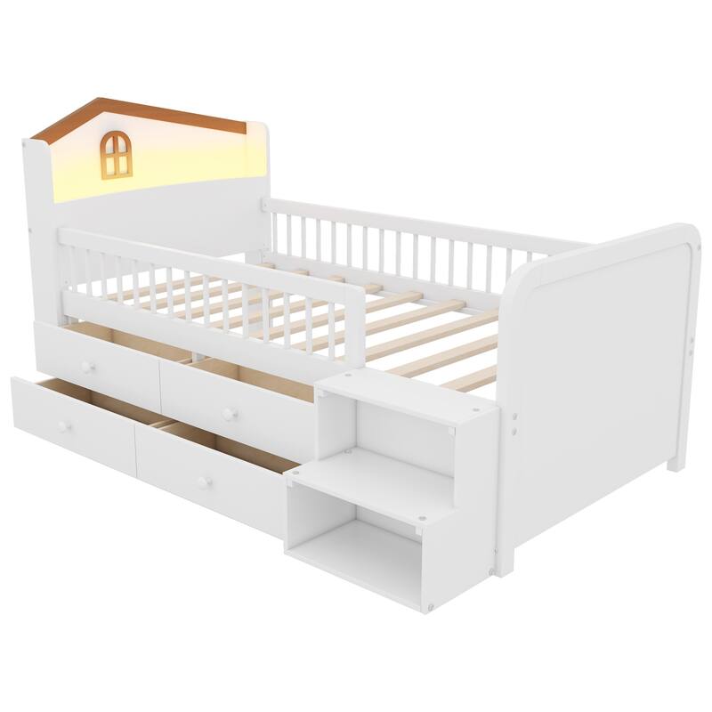 Twin Size Pine Wood Loft Bed with House-Shaped Headboard, LED Lighting and 4 Storage Drawers