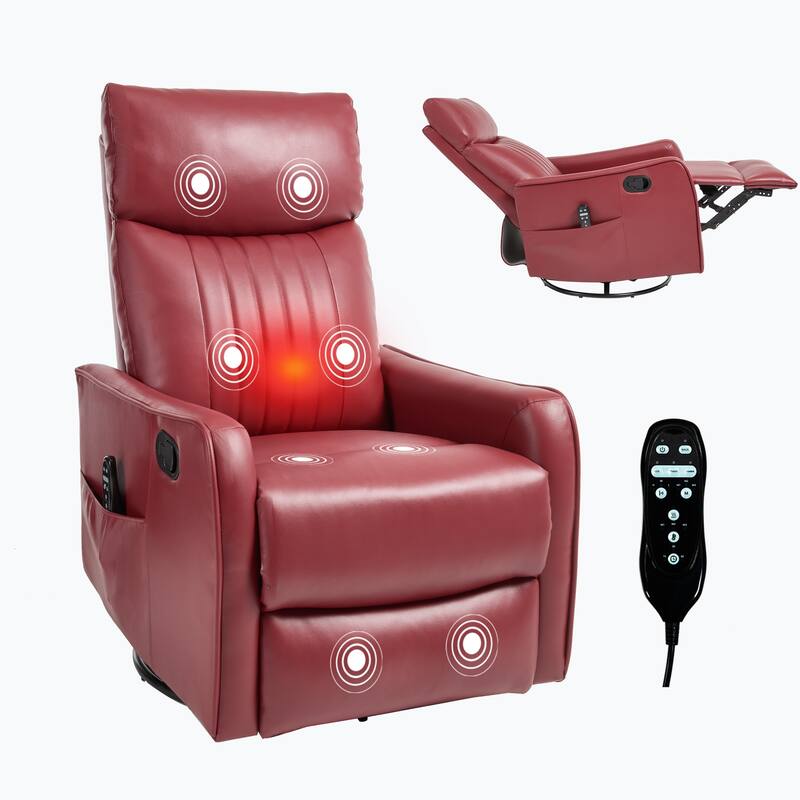 Faux Leather Swivel Recliner Chair, Manual Recliner Chair with Massage & Heat, Glider Rocker Chair with Side Pocket