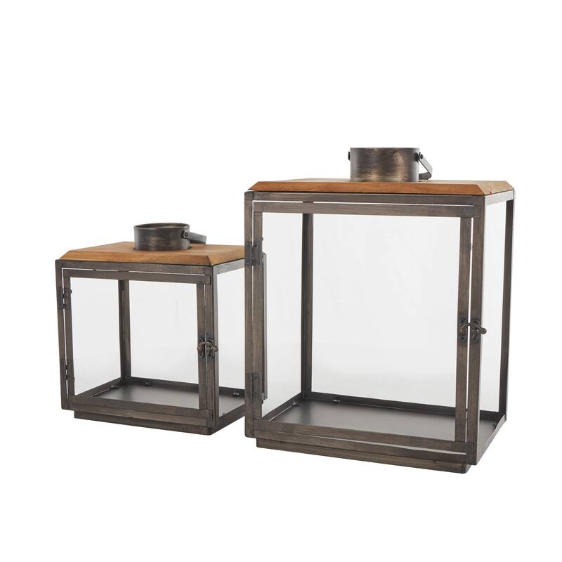 Dark Gray Metal Brushed Rectangular Indoor Outdoor Candle Lantern with Brown Wood Tops (Set of 2)