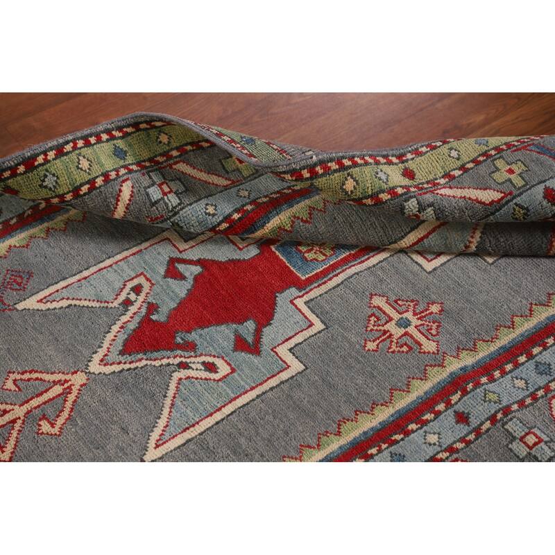 Gray Geometric Kazak Oriental Accent Rug Hand-Knotted Wool Carpet - 3'4"x 5'0"
