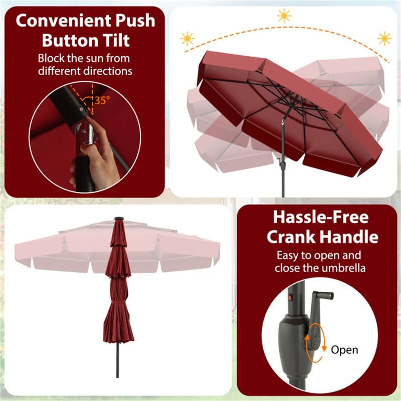 Outdoor 10 ft Umbrella with 3-Tier Venting Solar LED Lights Tilt and Crank for Poolside or Garden
