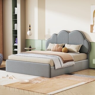 Queen Size Upholstered Platform Bed with Padded Cloud Style Headboard, Soft Fabric Frame with Slats