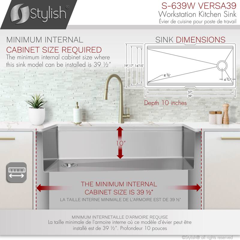 STYLISH 39 inches Workstation Single Bowl Undermount 16 Gauge Stainless Steel Kitchen Sink with Accessories included